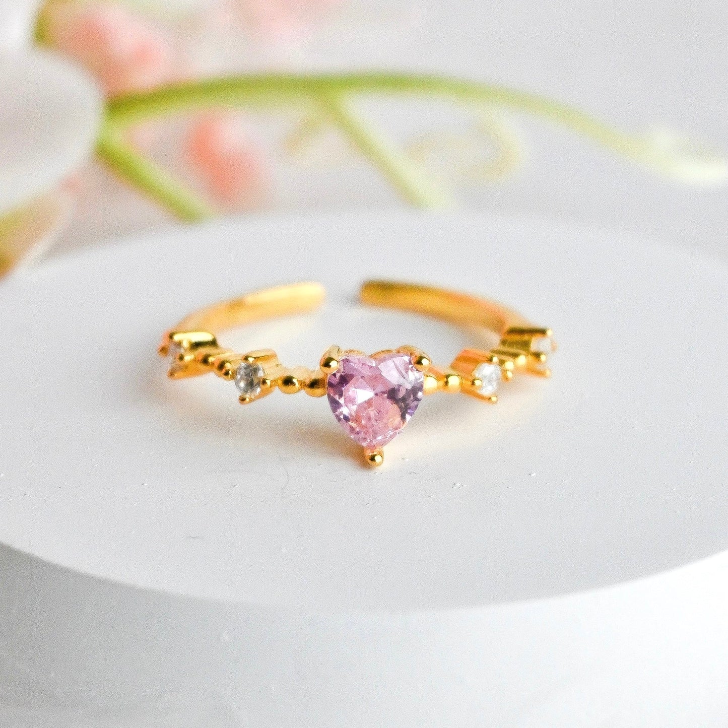 925 Sterling Silver Pink Blush Heart Ring- 18K Gold Plated Adjustable Forever Luxe