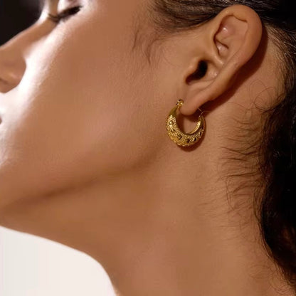 Heart-Stitched Crescent Hoops Forever Luxe