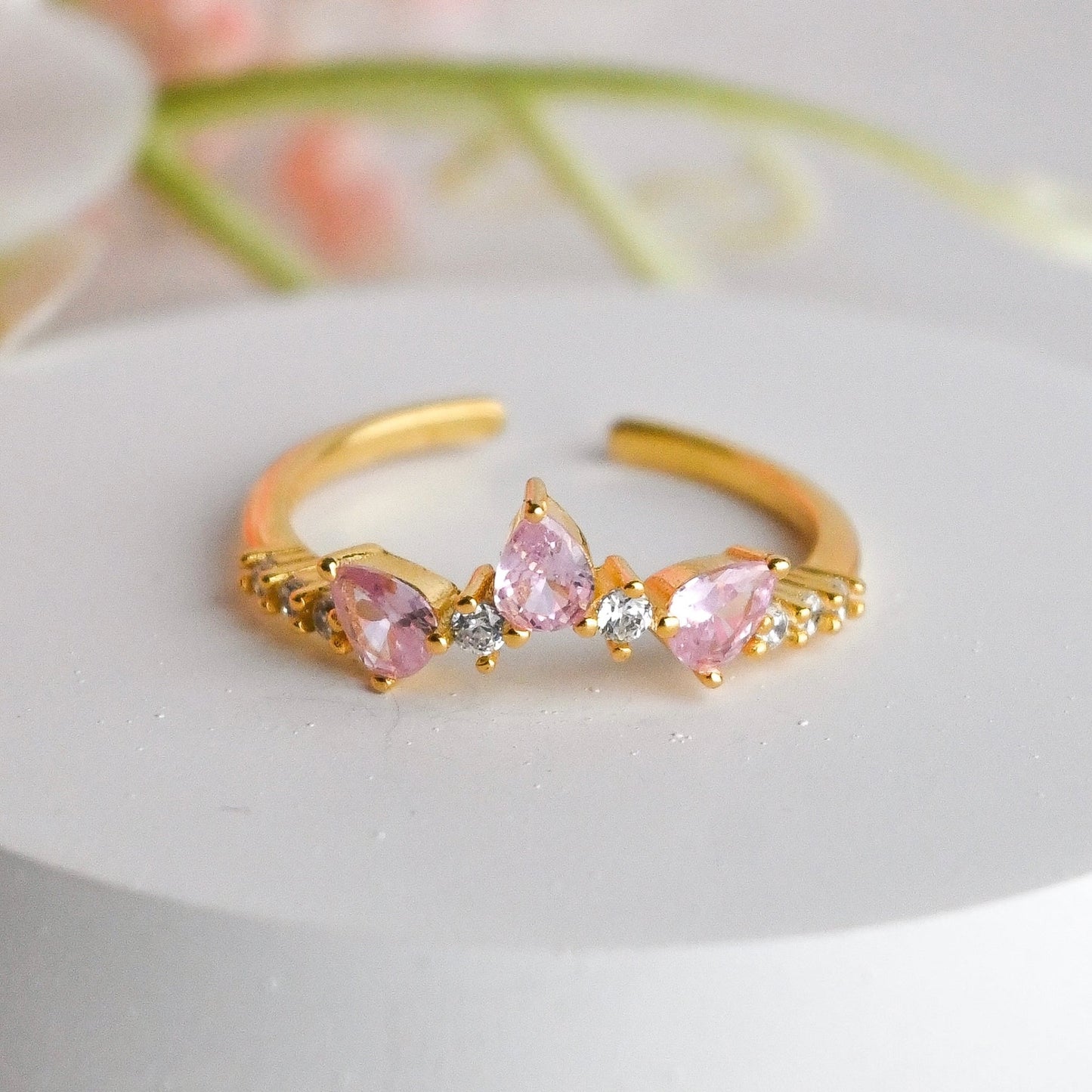 925 Sterling Silver Triple Flame Rose Ring- 18K Gold-Plated Adjustable Forever Luxe